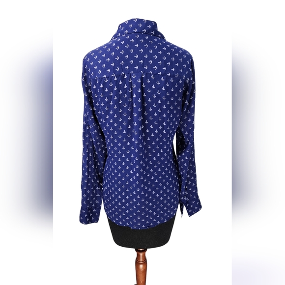 ♥️ EXPRESS PORTOFINO SHIRT BUTTON DOWN - NAVY BLUE ANCHOR PRINT WOMEN'S SIZE S|P - Picture 3 of 14